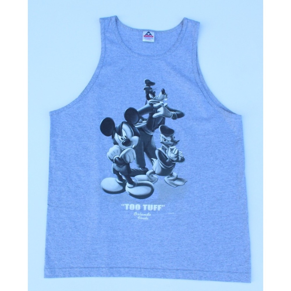Vintage Y2K Disney "TOO TUFF" Tank Top Men's L Orlando Goofy Mickey‎ Donald Duck